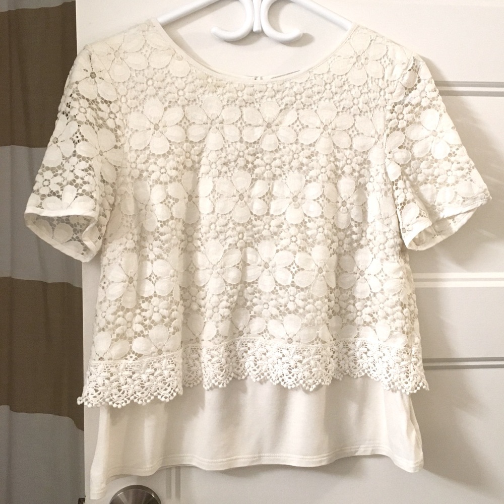 Oasis Off-White Lace Overlay T Shirt